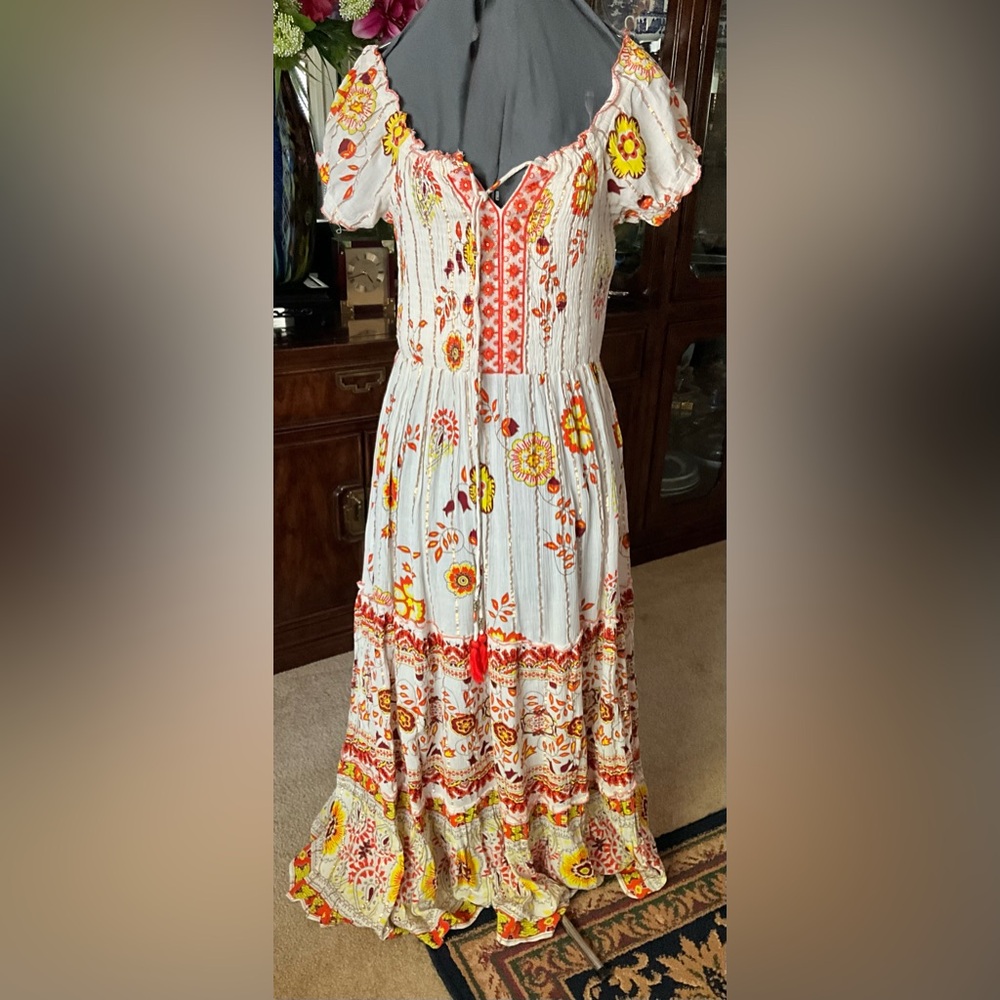 Bohemian Floral Maxi Dress in White, Orange and Yellow